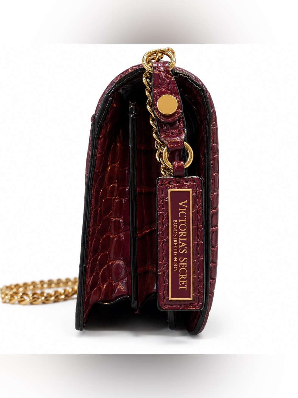 Victoria’s Secret Victoria Burgundy Croc Embossed Gold Chain Bag Purse - Picture 4 of 16